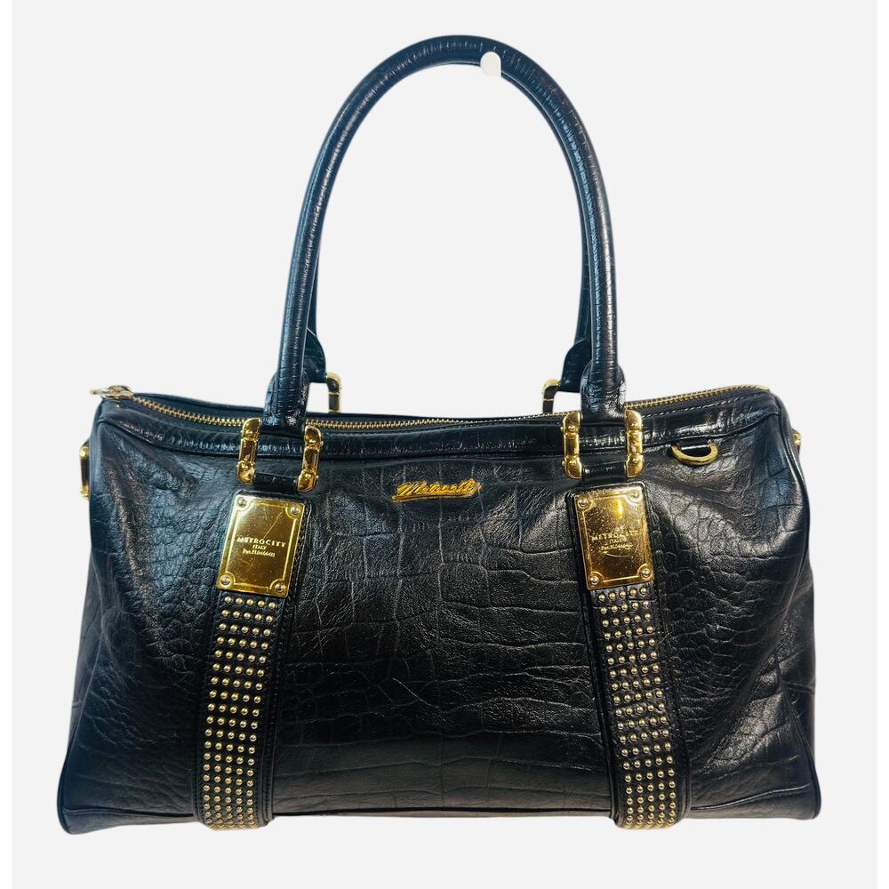 MetroCity Black Leather Satchel | Gold Studded Detail | Large Shoulder Bag